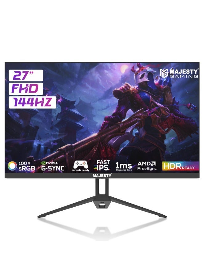 Majesty 27" FHD 1920x1080 Gaming Monitor | IPS | 144Hz | 1ms | HDR | 100% sRGB | G-SYNC & FreeSync | Built-in Speakers | DisplayPort & HDMI | VESA - Image 1